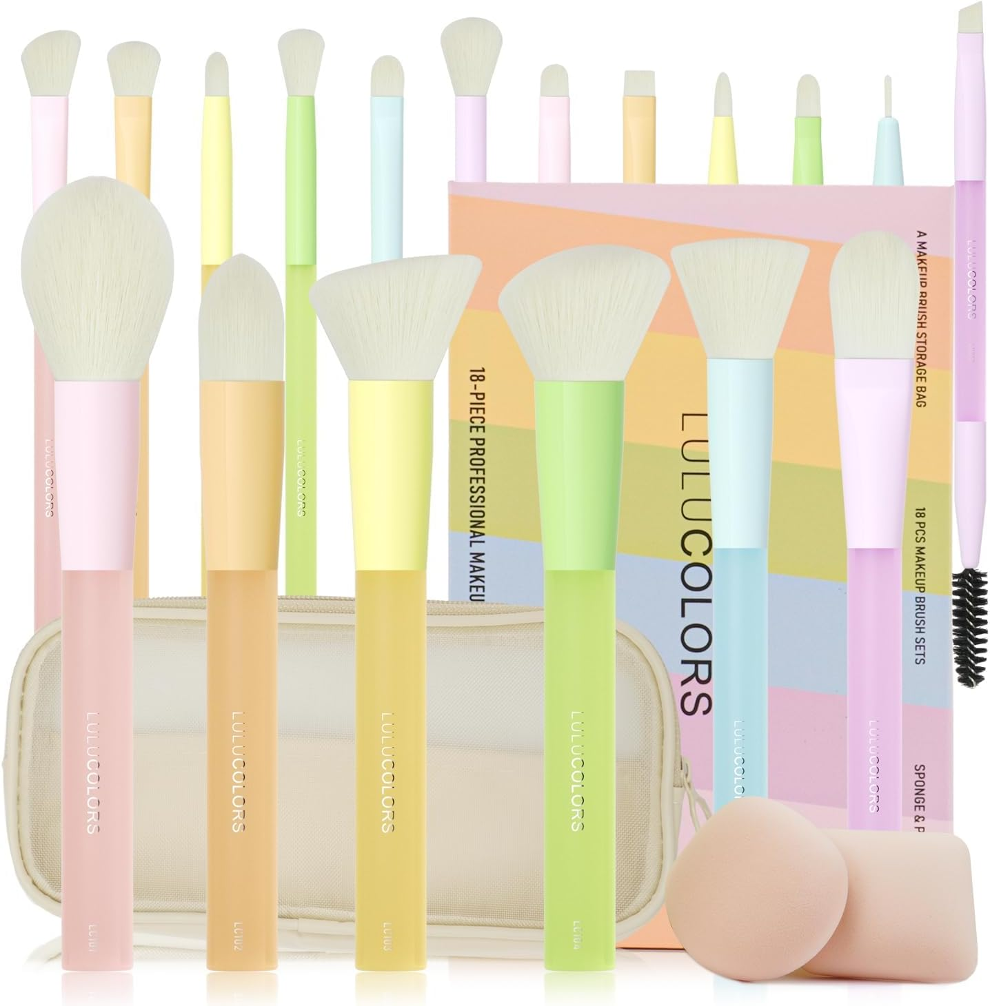LULUCOLORS 18-Piece Light Blue Professional Makeup Brush Set &ndash; Translucent Rubberized Handles, Soft Synthetic Bristles for Face & Eye Makeup &ndash; Includes Travel Bag & Sponges,Complete Brush Collection