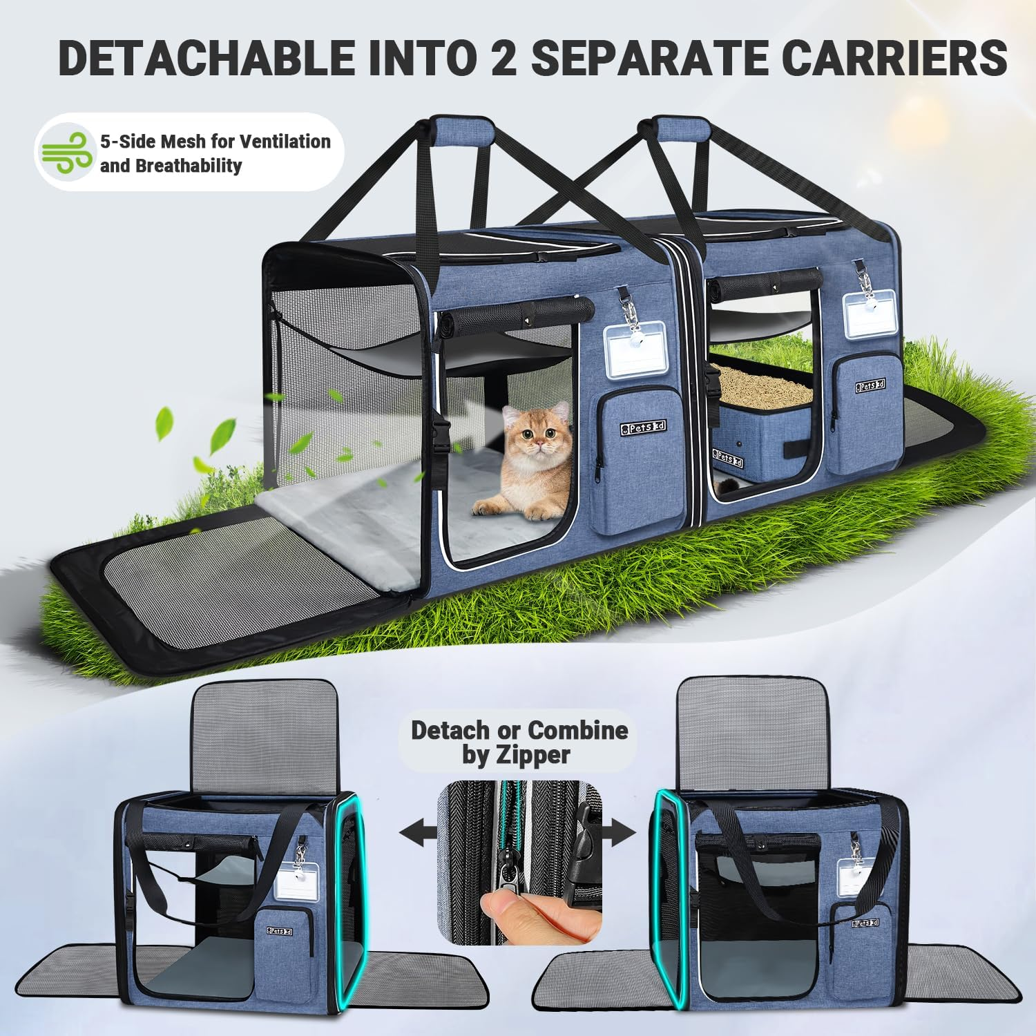 Petskd 2 in 1 Double Cat Car Travel Carrier with Litter Box, 38"X17"X18" Portable Dual Extra Large Cat Carrier for Multiple Cats with Zipper Locks for Moving across the Country image number 1