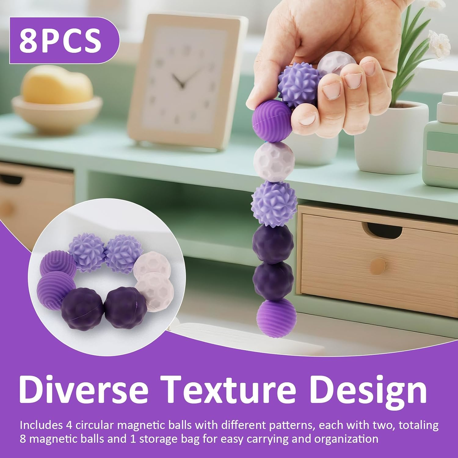 NIPUAEGO 8Pcs Magnetic Fidget Ball Toys, Magnetic Fun Compact Easy Cleaning Sensory Rolling Ball Toy for Home Office Travel (Purple) image number 2