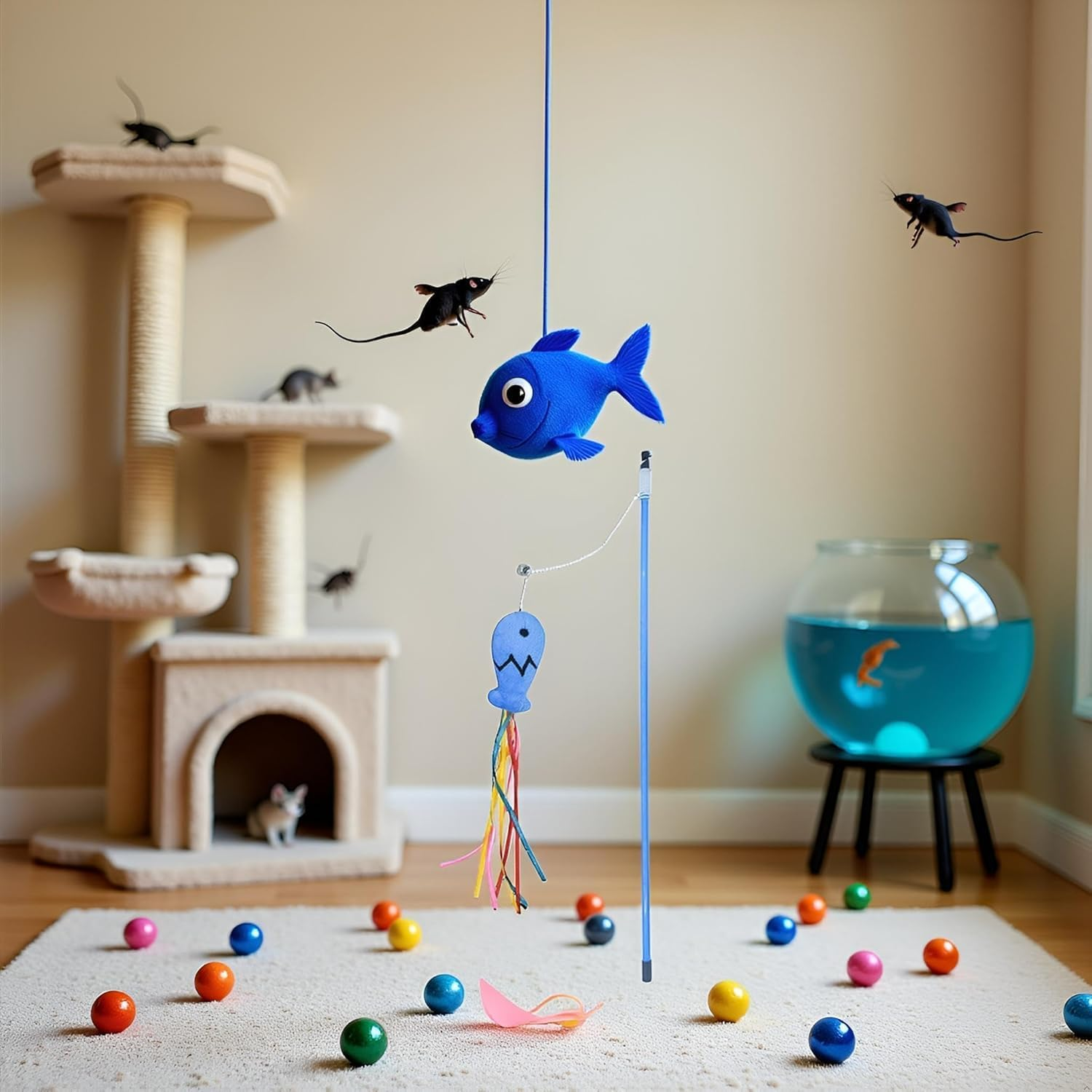 Hehglng Blue Cat Wand Kitten Teaser Stick Portable Teaser Fish Design Safe Colorful Balls Cat Feather Toys image number 1