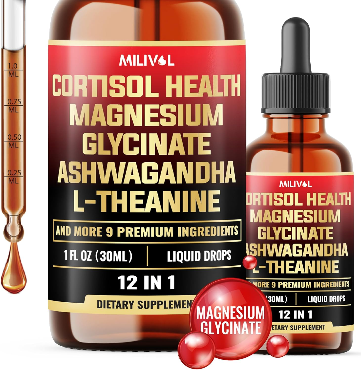 12In1 - Cortisol Supplement Liquid Drops - Cortisol Detox W. Magnesium Glycinate 1000Mg, Ashwagandha, L-Theanine, Phosphatidylserine and 8 More Herbals - Hormone Balanced for Women, Mood Focus - 1 Month Supply image number 2