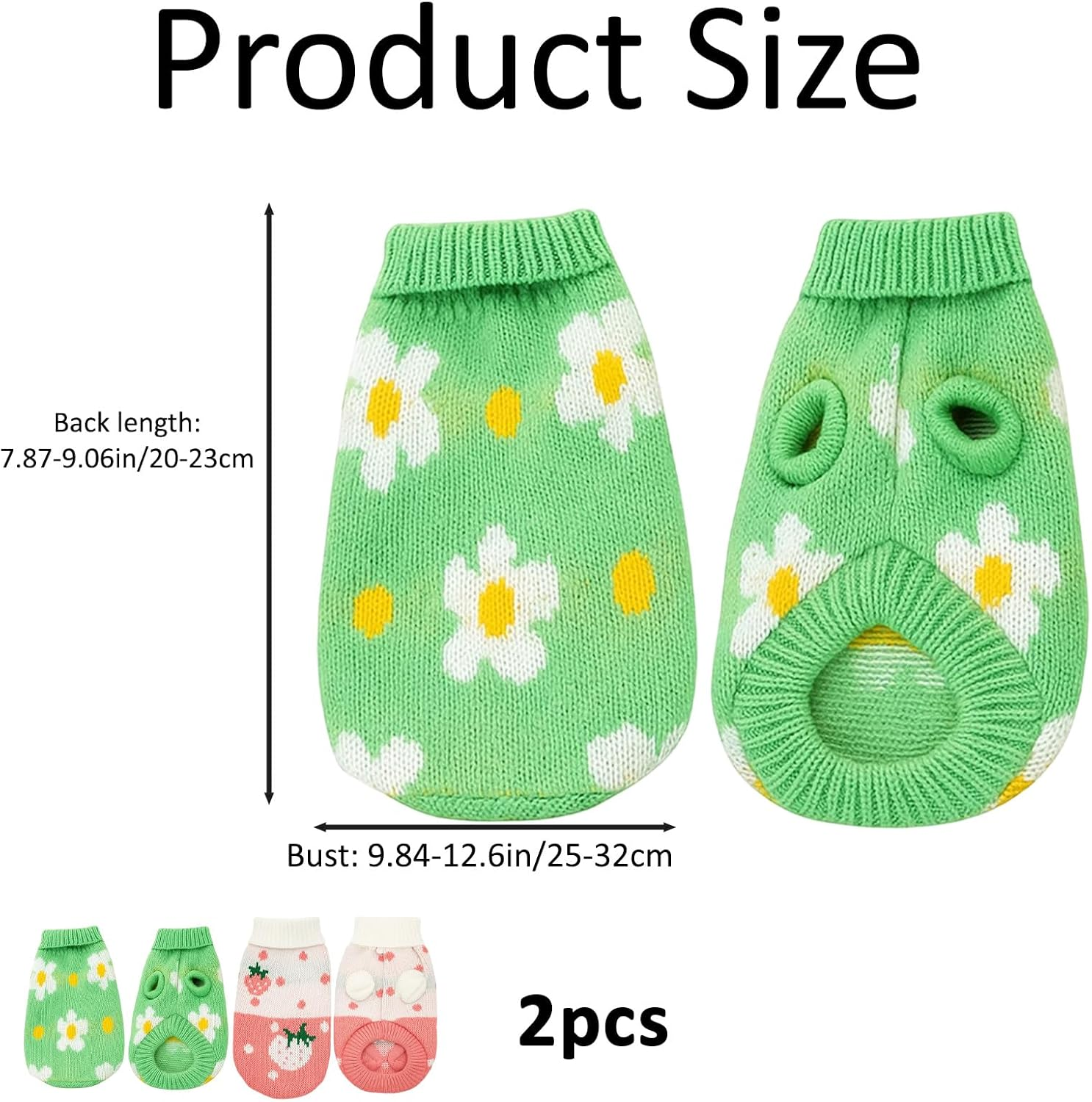 Pack of 2 Dog Jumpers for Small Dogs, Soft Knitted Jumper for Dogs and Cats, Winter Clothing for Pets Such as Rabbits and Guinea Pigs, Green and Pink Strawberry Pattern, 23 Cm image number 1