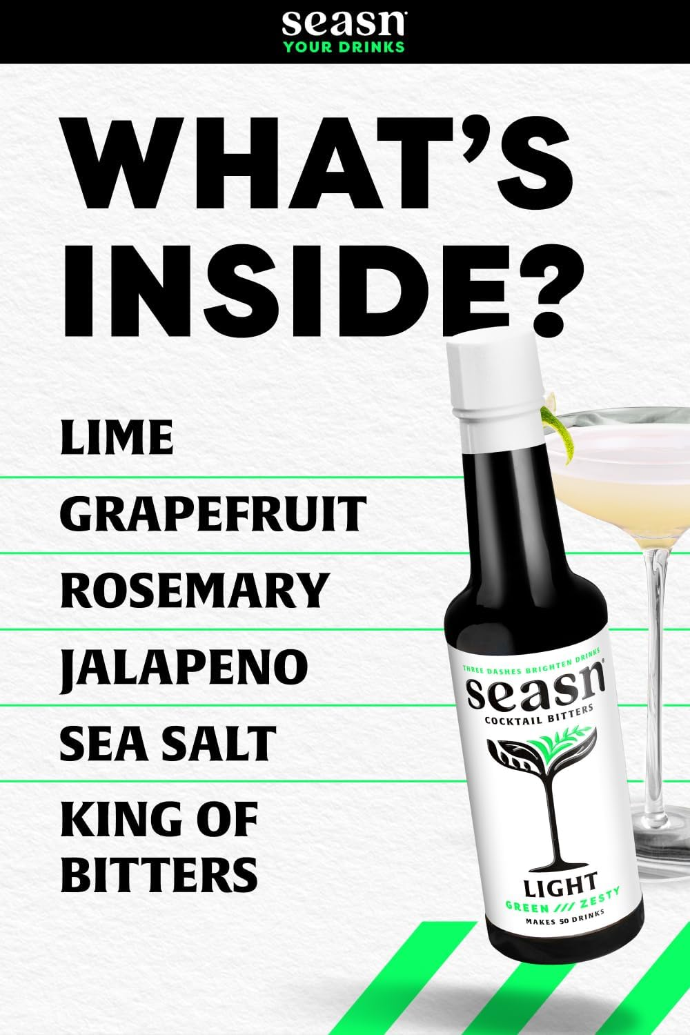 Seasn LIGHT Non Alcoholic Cocktail Bitters &ndash; Zesty & Citrus Bitters with Lime, Grapefruit Peel & Sea Salt &ndash; Vegan, Sugar Free Mixer for Cocktails & Mocktails &ndash; 150 Ml image number 4