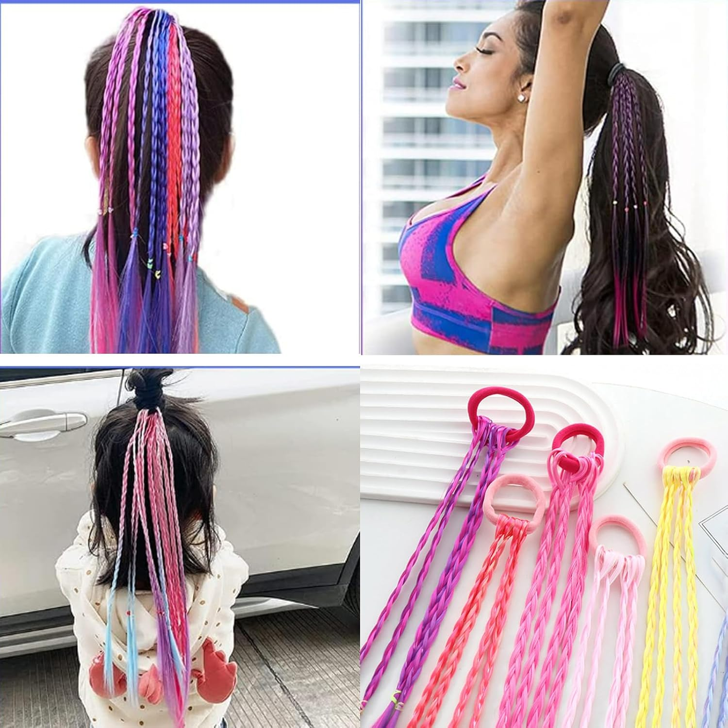 12 PCS Girls Fake Hair Braids, Colored Hair Extensions Ponytail with Rubber Band, Children&rsquo;S Braided Hair Pieces for Ponytail, Hair Accessories in 6 Colors image number 1
