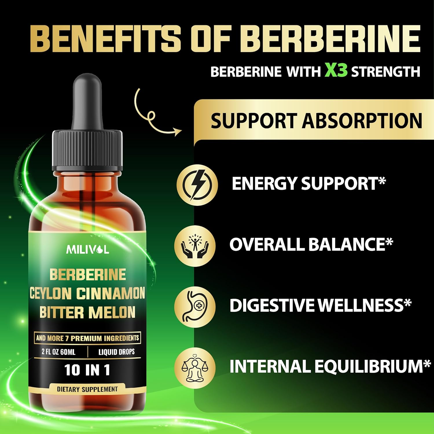 MILIVOL 10In1 Berberine Liquid Drops with Ceylon Cinnamon, Bitter Melon, Turmeric, Ginger, Gymnema, Sylvestre and More - 60 Days Supply - 2FL Oz image number 5