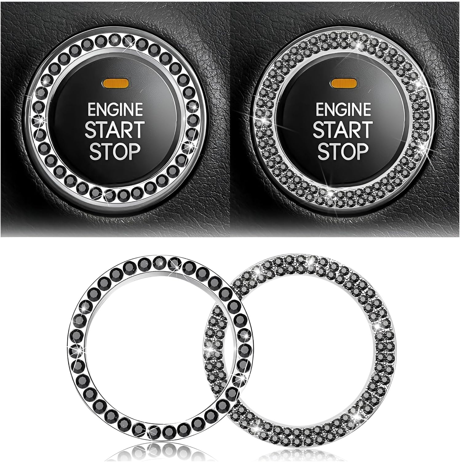 Car Bling Crystal Rhinestone Engine Start Ring Decals, 2 Pack Car Push Start Button Cover/Sticker, Key Ignition Knob Bling Ring, Sparkling Car Interior Accessories for Women (Double Purple)