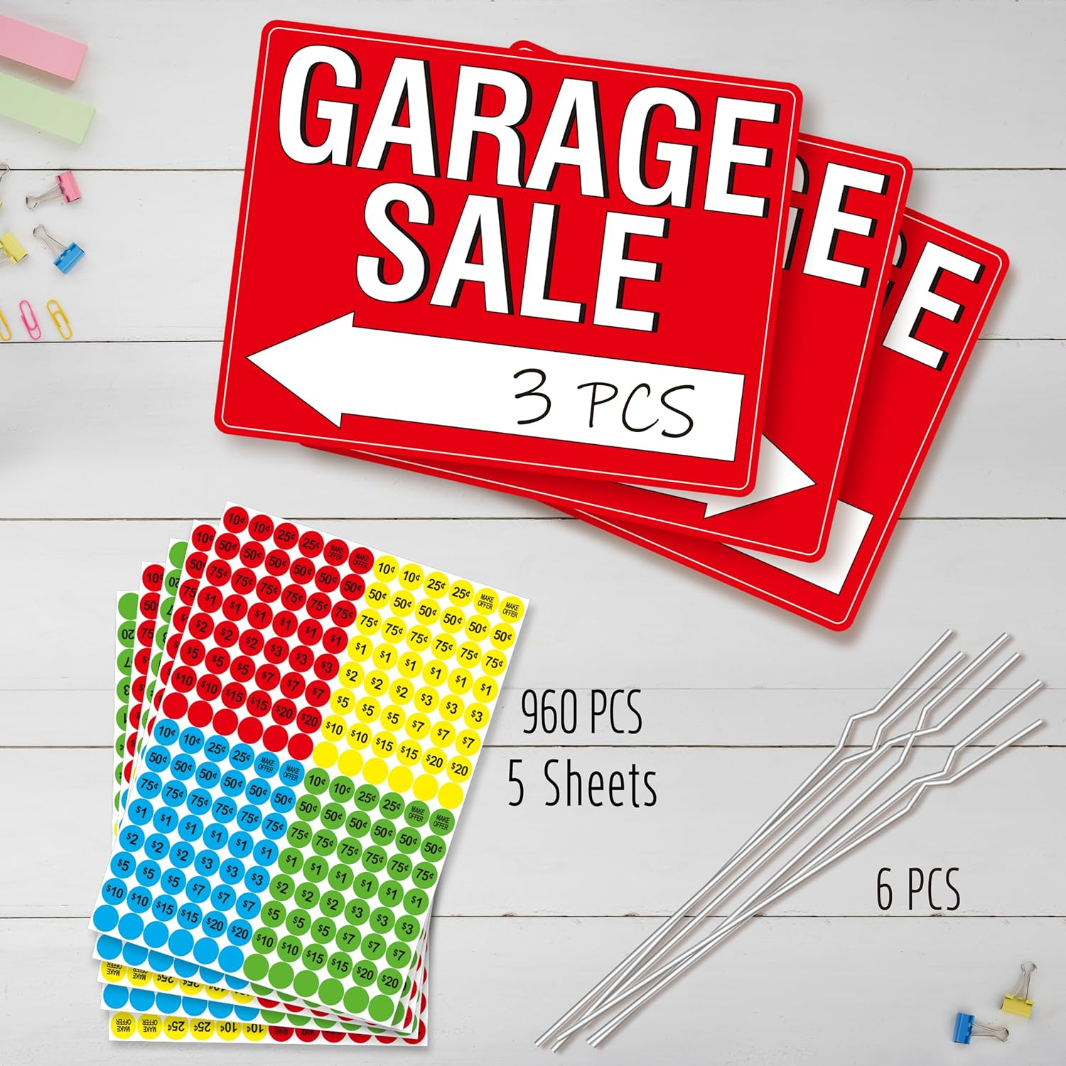 Garage Sale Sign, 3PCS Double Sided Yard Sale Signs with 6 Metal Stakes & 960 Sale Price Labels, Large Font, Fluorescent Neon Color, All-Weather Plastic Sign with Arrow for Garage Sale, Outdoor Estate