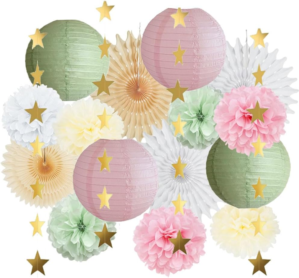 Sage Green Party Decorations Paper Lanterns Decorative Pink Tissue Paper Pom Poms Sage Green and Pink Party Decorations with Gold Star Garland for Baby Shower Bridal Shower Birthday Wedding image number 1