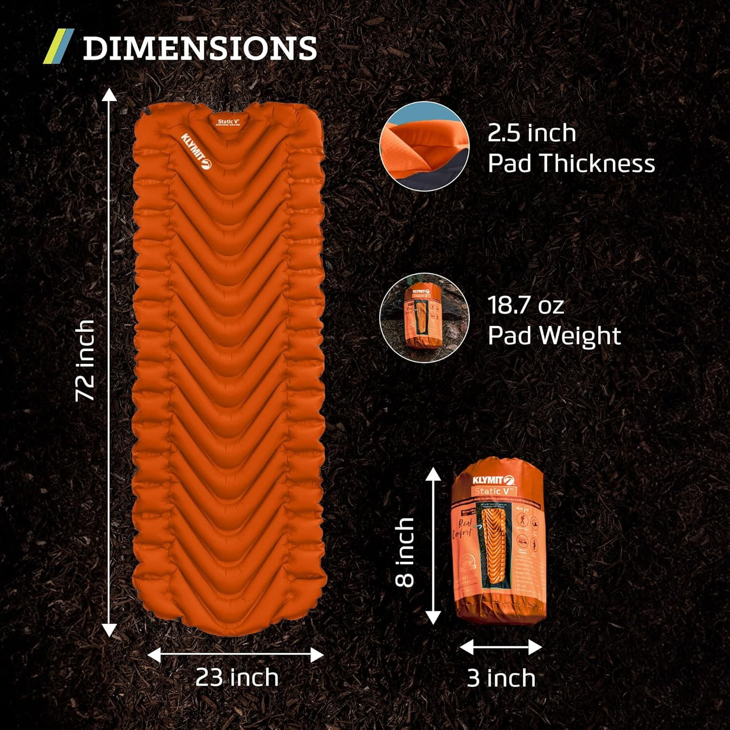 KLYMIT Static V Camping Sleeping Pad, Lightweight, 2.5 Inches Thick, Best Sleeping Pads for Backpacking, Hiking Air Mattress, Inflatable, Compact, Patented Camp Sleep Pad image number 6