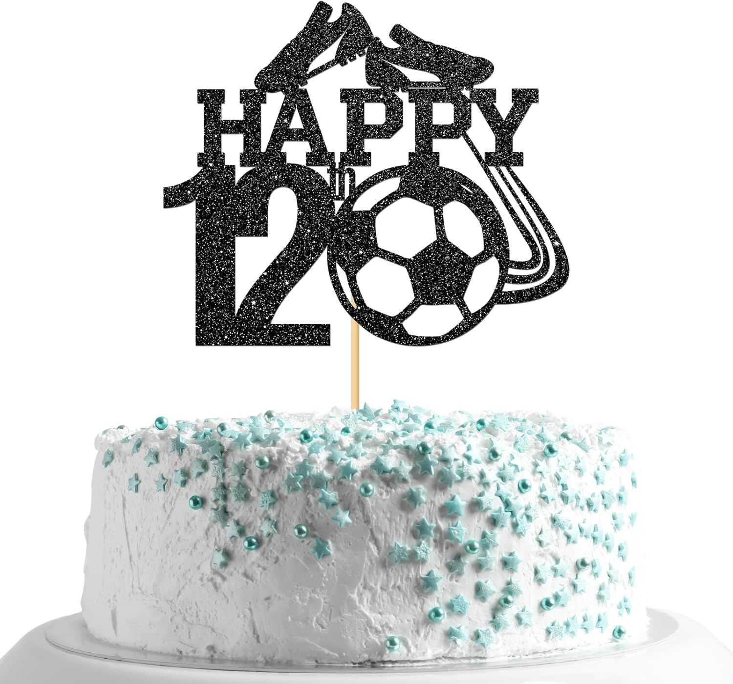 Monmon & Craft Soccer 12Th Birthday Cake Topper/Sport Theme Soccer Ball Cake Docer/Soccer Player Boy 12Th Birthday Party Decorations - Black Glitter
