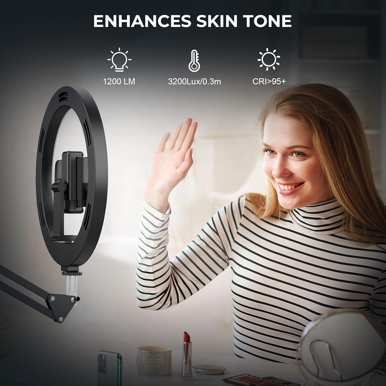 12" Overhead Phone Mount with Ring Light, CRI >95 & Adjustable 72" Height - 360&deg; Circle Light, Phone Ring Light for Photography,Live Streaming, Cooking and Content Creation image number 4