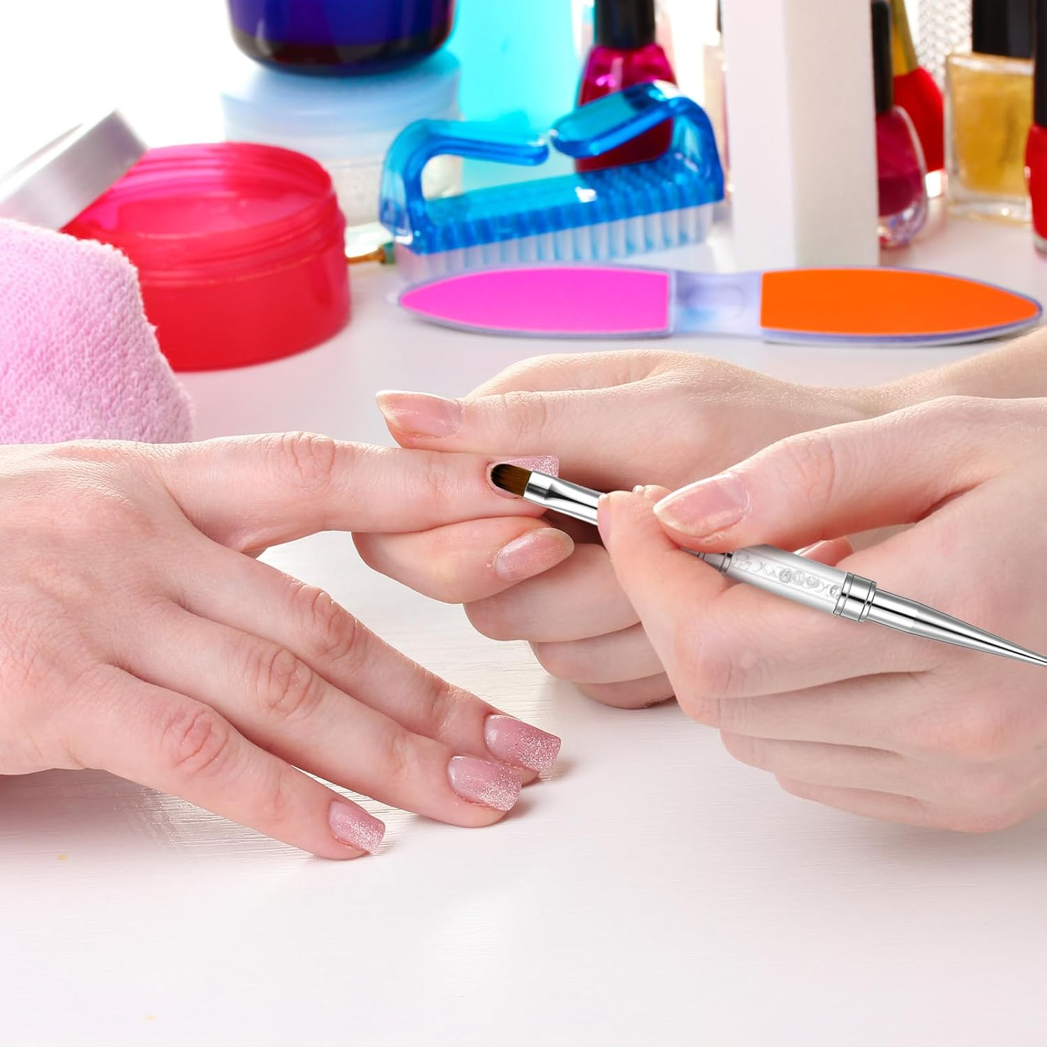 LXUEJIE 3 Pcs Double Ended French Tip Brush Hard Gel, Nail Builder Gel Brush, Liner for Design Nail Liner Brushes Rhinestone Handle French Tip Drawing Brushes for Design image number 1