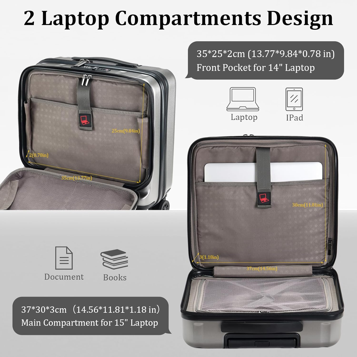 16 Inch Carry on Luggage with 2 Compartments for 14&rdquo; & 15&rdquo; Laptop, 16.14 * 8 * 17.12&rdquo; Rolling Briefcase, Lightweight Hardshell ABS+PC Suitcase with Spinner Silent Wheels, for Business Trip, Dark Gray image number 1