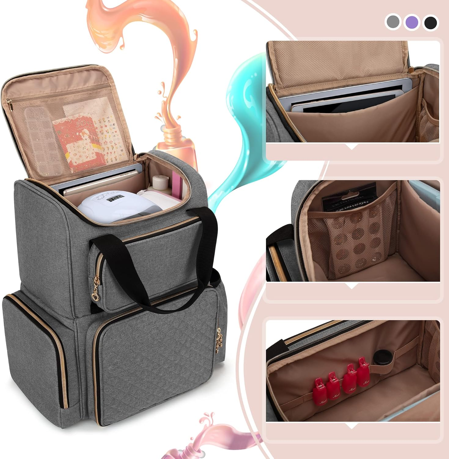 Luxja Nail Polish Organizer Backpack Holds 70 Bottles, Gray, M, Modern - Gray image number 2