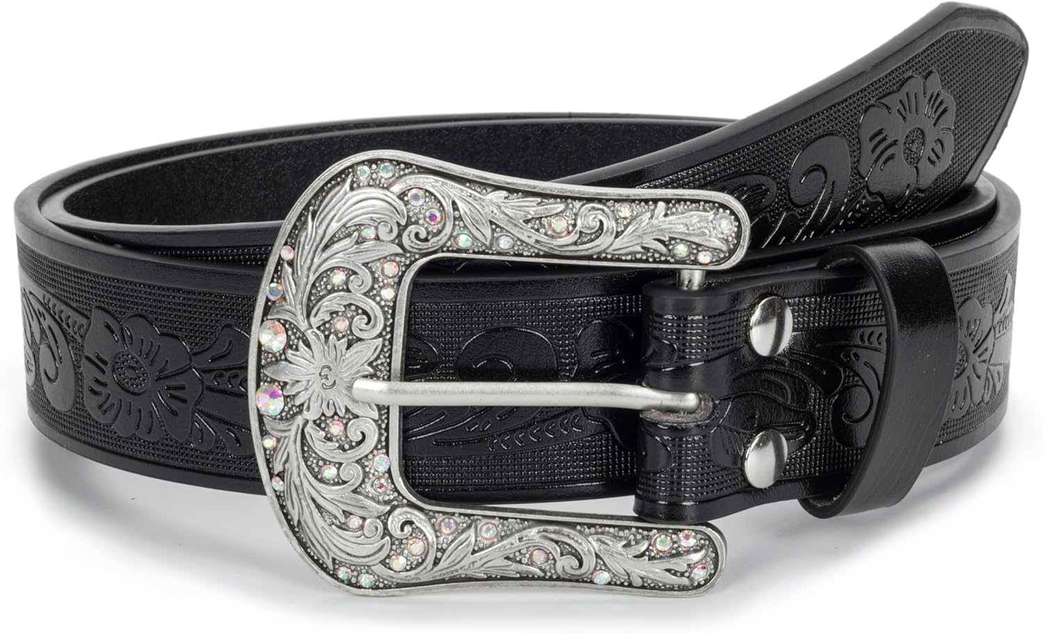 Women Vintage Western Cowboy Belts - Pu-Leather Western Engraved Bling Belt Buckle Cowgirl Waist Belt for Jeans Pants Dresses