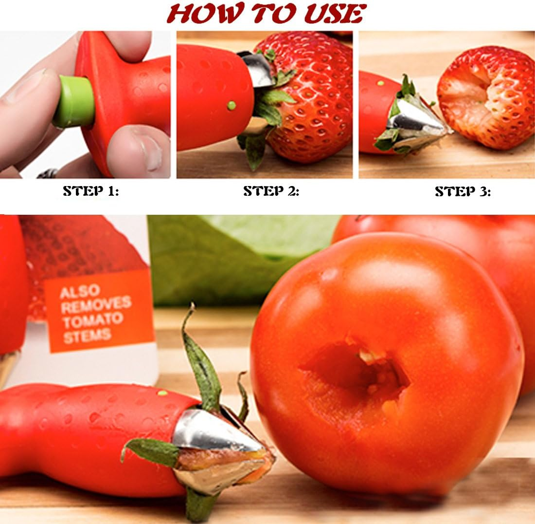 Coralpearl Strawberry Huller Stainless Steel, Tomato Top Stem Stalk Remover, Berry Core Pit Seed Extractor, Kitchen Aid Claw Corer Pitter Gadget, Fruit Prep Knife Cutter Helper Multi Tool Set Red (2) image number 3