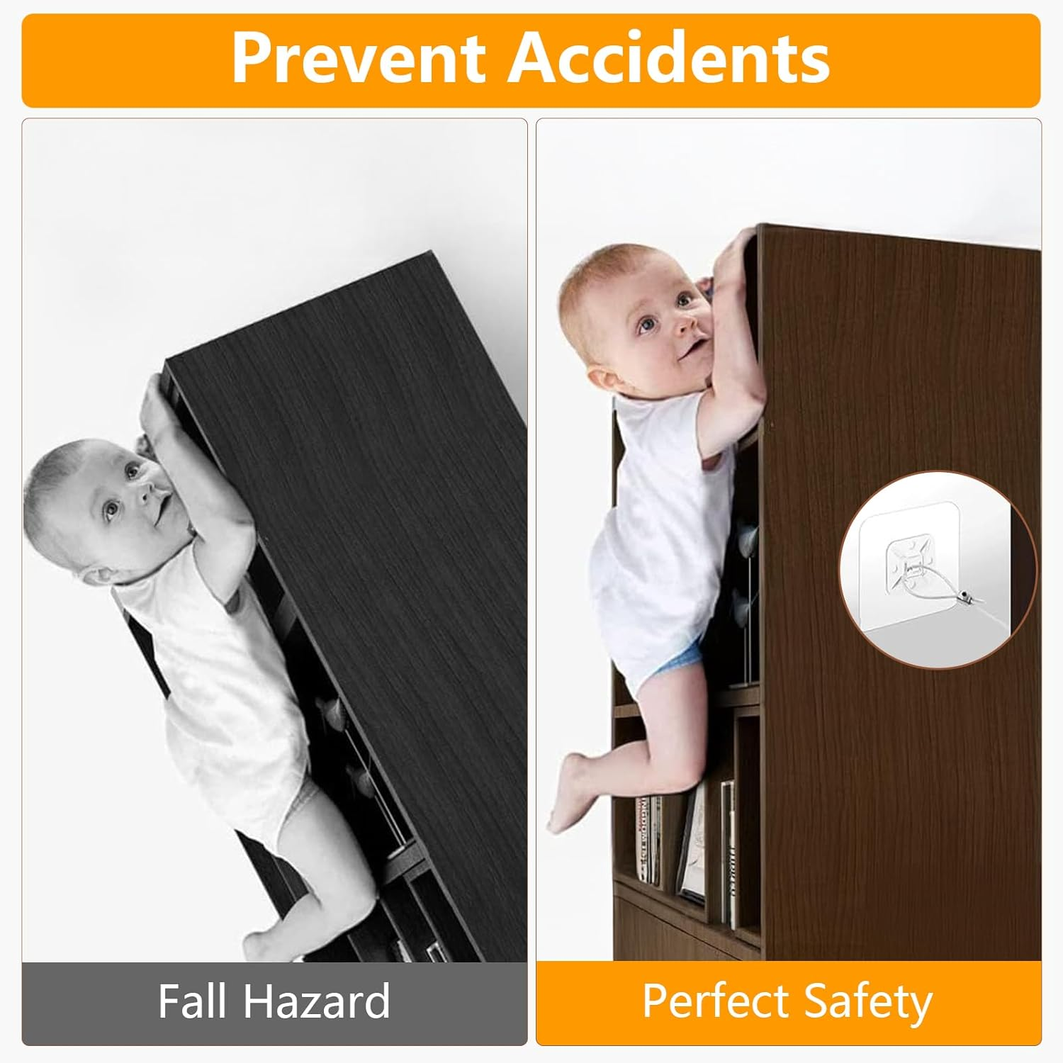 No Drill Metal Furniture Anchors (10 Packs) for Baby Proofing, 14" Adhesive Anti-Tip Furniture Wall Safety Straps for Child, Keep Toddlers & Pets Safe from Falling Furniture like Dresser & Bookshelf image number 2