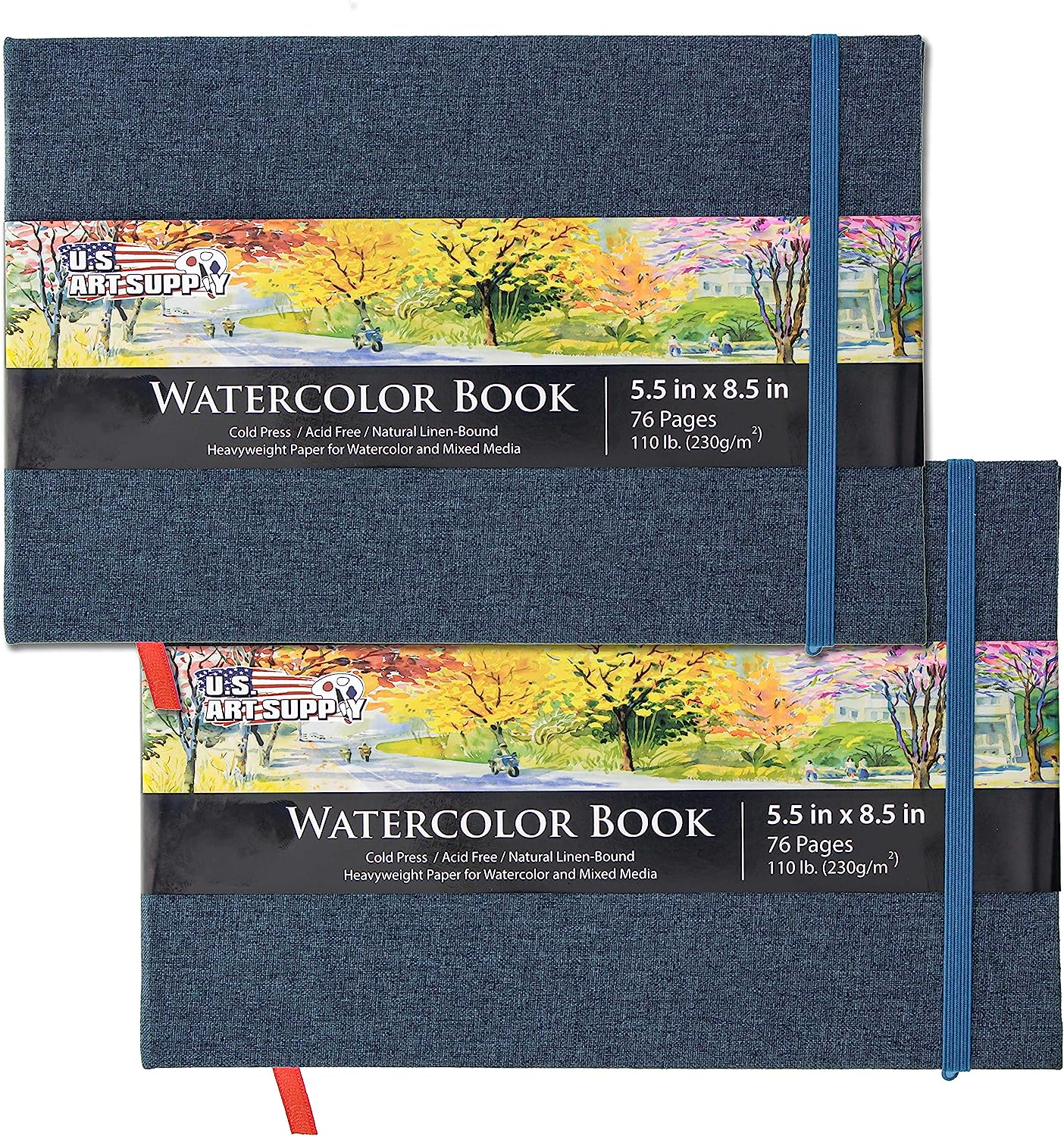 U.S. Art Supply 8.5" X 8.5" Watercolor Book, 2 Pack, 76 Sheets, 110 Lb (230 GSM) - Linen-Bound Hardcover Artists Paper Pads - Acid-Free, Cold-Pressed, Brush Painting & Drawing Sketchbook Mixed Media image number 2