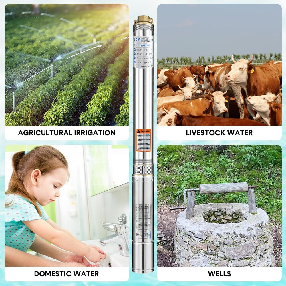 1.5HP 1100W Submersible Bore Pump 240V Deep Well Water Pump Borehole Water Pump Stainless Steel Max Head 60M for Industrial Irrigation Livestock Home Use image number 6