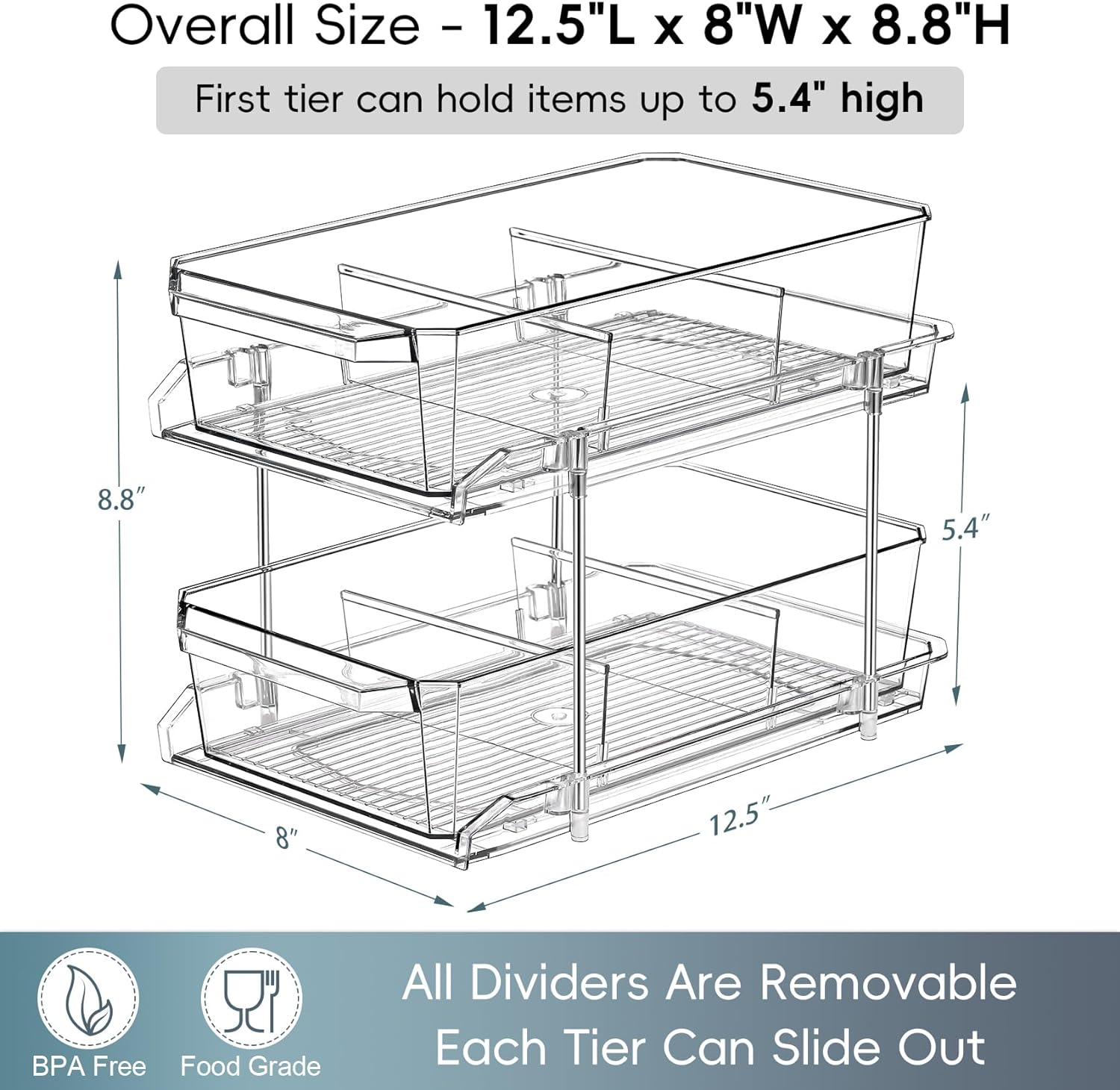 2 Tier Clear Organizer with Dividers for Cabinet, Shlef, Counter - Multiuse Slide-Out Storage Container - Kitchen, Pantry, Medicine Cupboard Bins, Bathroom, Vanity Makeup, under Sink Organizing image number 2