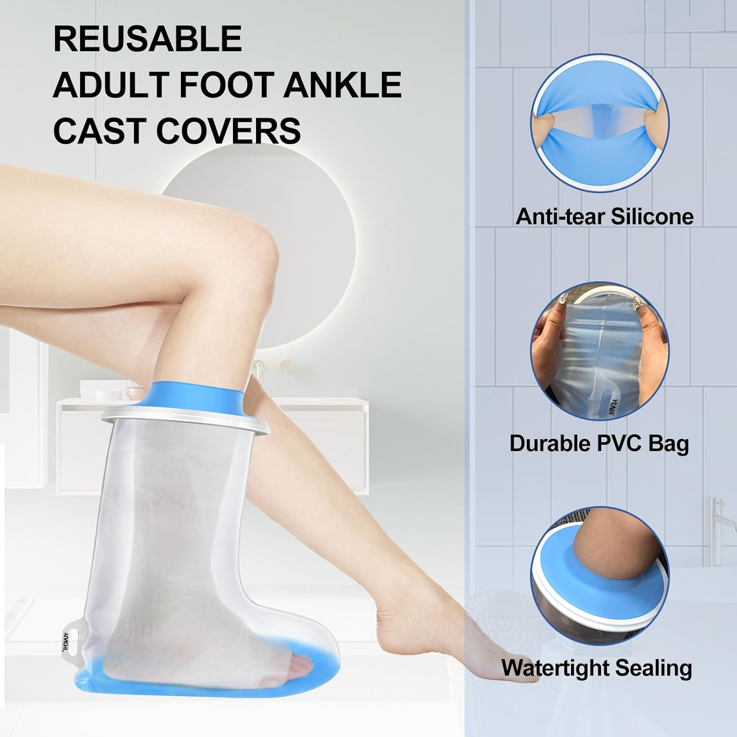 YUNCHI Waterproof Foot Cover for Shower Adult, Foot Cast Covers with Non-Slip Padding Bottom, Watertight Ankle Foot Cast Protector for Surgery Bandage Dressing Wound, Reusable image number 6
