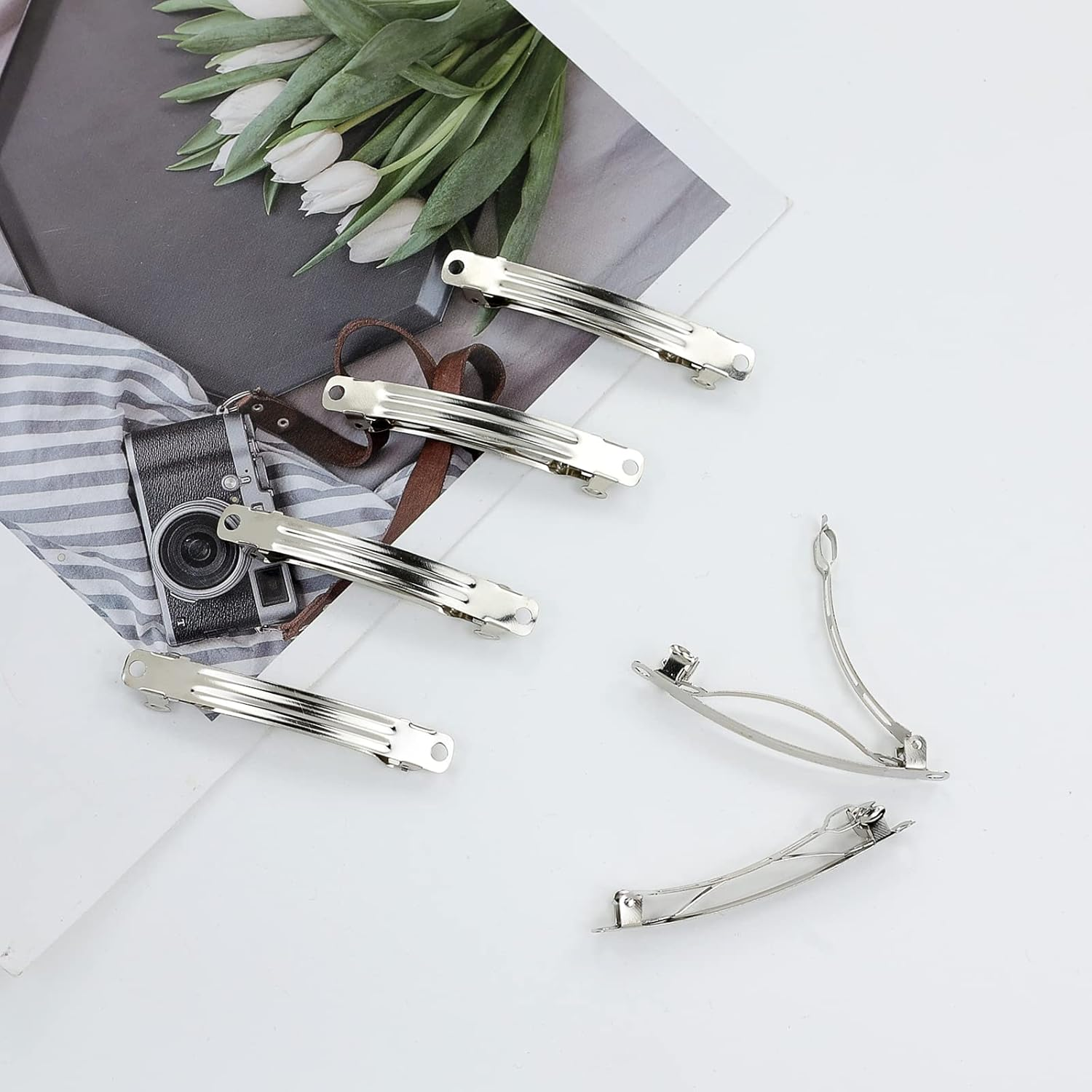 100 Pack 6 CM 2.36 Inch Blank Silver Square Rectangle Metal French Barrette Plain Base Hair Clips DIY Crafting Clips for Bows Snap Hair Clips Ponytail Holder Hairclips Hair Accessories for Women Girl