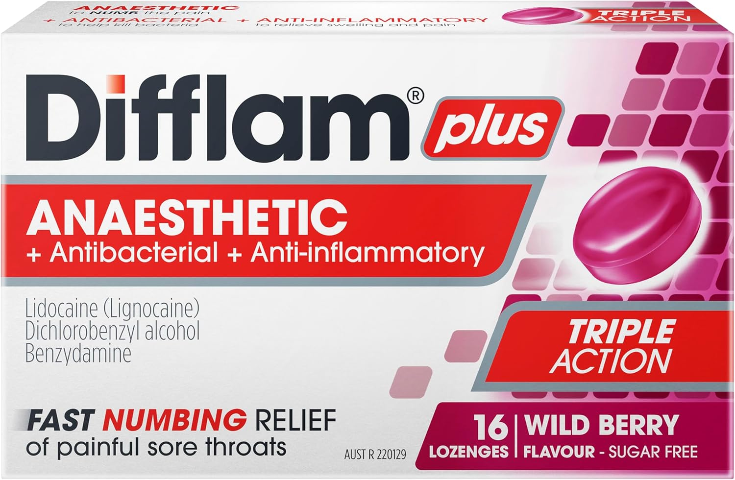 Difflam plus Anaesthetic Sore Throat Lozenges, Berry, 16 Count (Pack of 2) image number 3