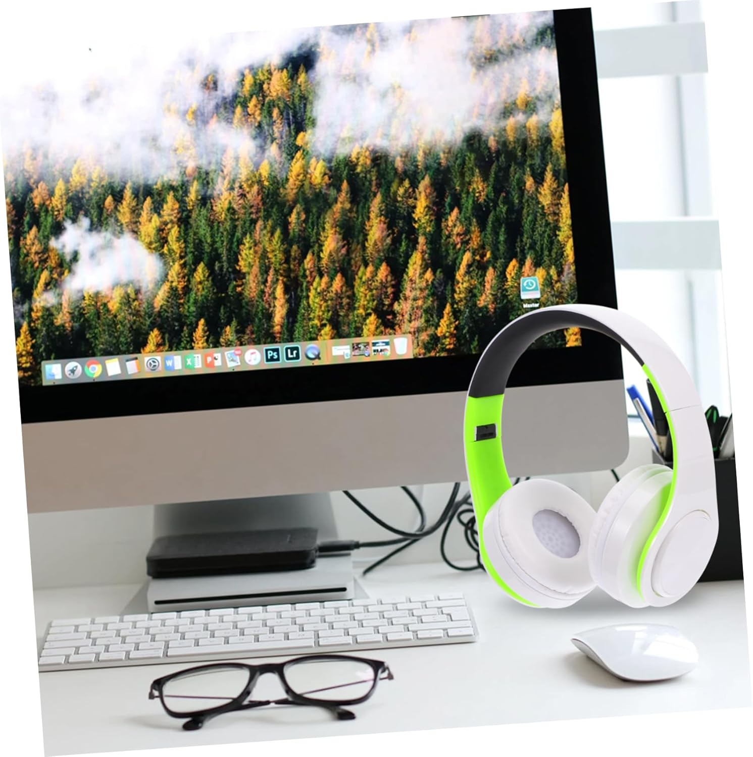 HOMOBABE Wireless Noise Cancelling Over-Ear Headphones Foldable Wireless Gaming Headset with Microphone for Pc Laptop Travel Sport Green White image number 5