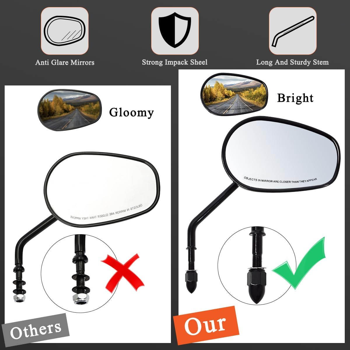 FOVPLUE Handlebar Mount Mirrors,Left & Right Side Long Stem Rearview Mirrors for 1982-2025 Harley Models,For CVO Dyna Electra Glide Road Glide Road King Softail Street Glide Sportster 1200 883,Black image number 4