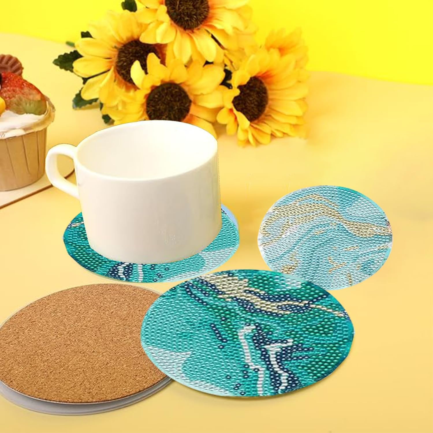 8Pcs Diamond Painting Coasters with Holder, Diamond Art Coasters for Beginners, DIY Teal Marble Ocean Coasters Set for Drinks Painting, Art Kits Craft Supplies for Adults