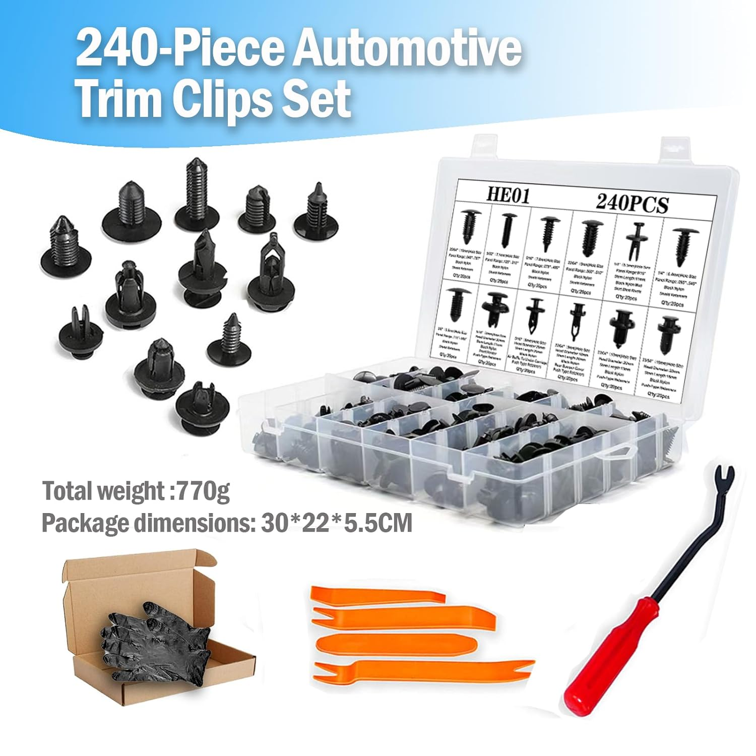 240-Piece Automotive Trim Clips Set, Push Retainer Fasteners Kit with Removal Tools, Universal Car Body Panel Clips
