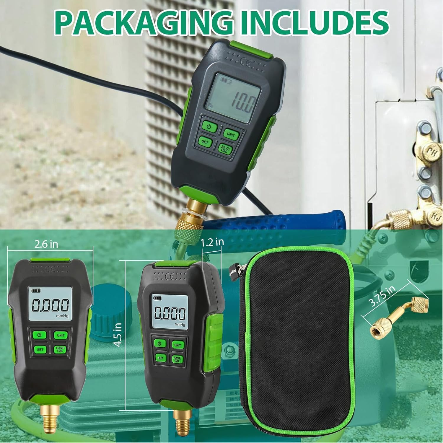 Digital Vacuum Gauge, Large Screen Display, Professional Accuracy, Integrated Extension Connector, 7/16In 20UNF Interface, 4 Vacuum Units, Water Dust Resistant image number 4