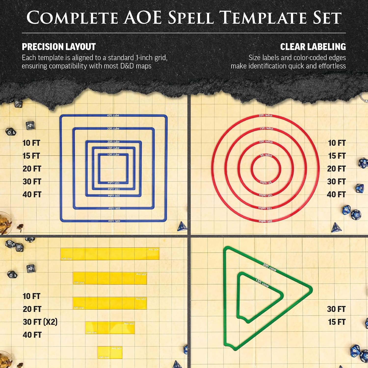 Futhark DND AOE Spell Templates, Set of 16 - Precise Acrylic Area of Effect DND Spell Effect Templates for Any RPG, DND Accessories for Dungeons & Dragons, D&D DM Gift (16-Piece Set of Frame) image number 4