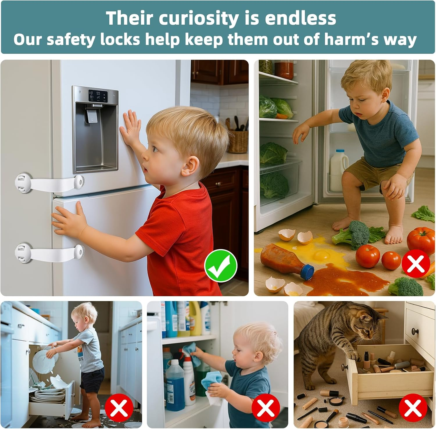 Gautio Child Safety Cabinet Locks, Baby Proof Drawer Strap Locks with Safe Quick & Easy 3M Adhesive, Kid Safety Cupboard Latches for Dishwasher, Fridge, Door, Trash Can, Oven, Toilet Seat, No Tools Need or Drill (2 PCS) image number 1