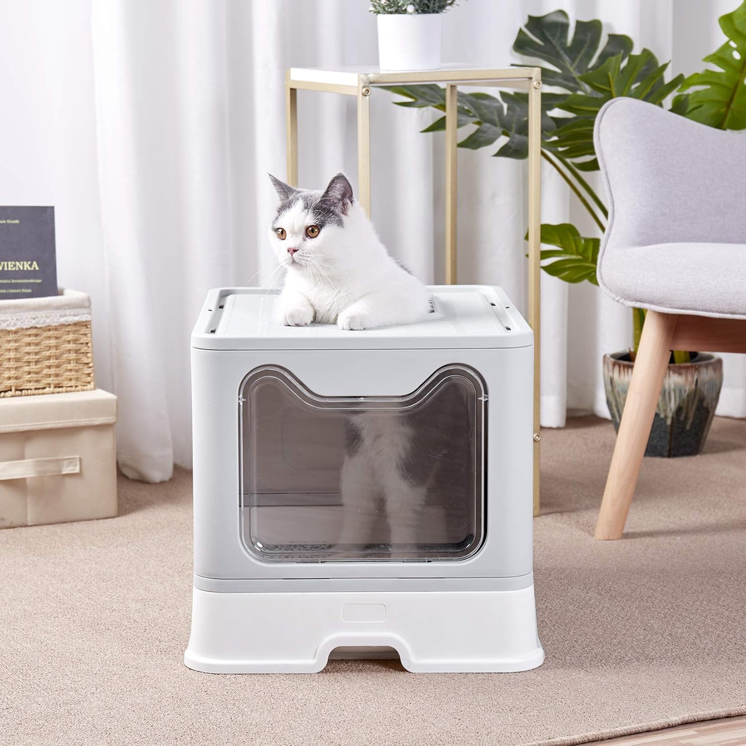 Bingopaw Cat Litter Tray Box: Foldable Top Entry Extra Large Cats Toilet with Lid - Hooded Kitten Litter Tray Easy Cleaning Drawer Design with Scoop Grey image number 4