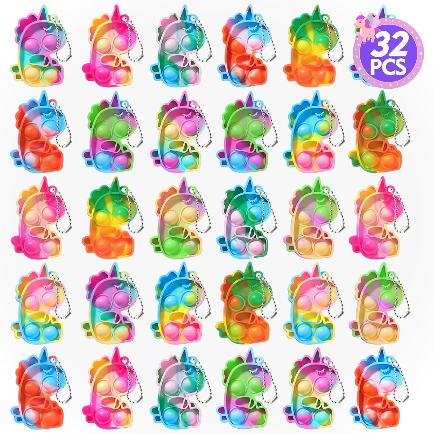 FIDWOD Unicorn Party Favors for Kids: Mini Pop Keychain Toys Pack - Stress Relief Classroom Supplies Prizes - Bubble Sensory Bulk Gifts for Boys & Girls - Birthday Bags Box Goodie Stuffers （32PCS） image number 5