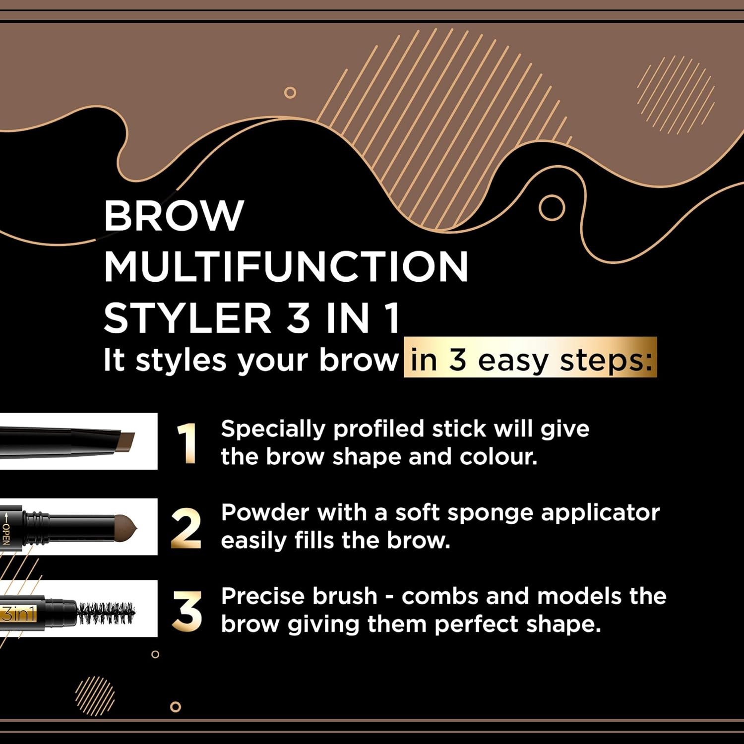 Eveline Cosmetics Brow Styler 3-In-1 Durable Multifunctional Eyebrow Pen | Medium Brown Eyebrow Make up | Precision Brush | Natural Effect | Powder with Applicator