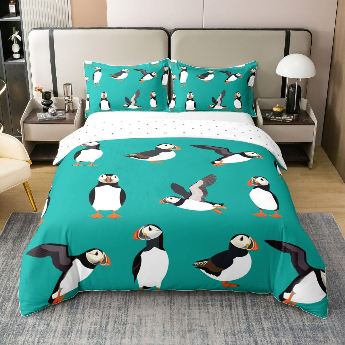 Puffin Bedding Duvet Cover 100% Cotton Set Twin Size Puffin Bird Drawing Bedding Set for Kids Decor Cute Animal Theme Comforter Cover Set Polar Animal Bedspread Cover Bedroom Bedclothes image number 1