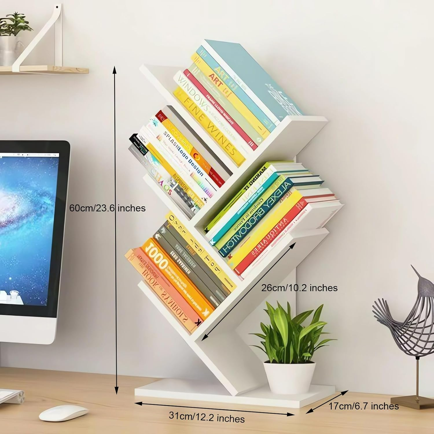 Desktop Organizer Rack, Office Desk Storage Shelf, Desktop Bookcase Wood Bookshelf, Wooden Bookshelve A70 (T White)