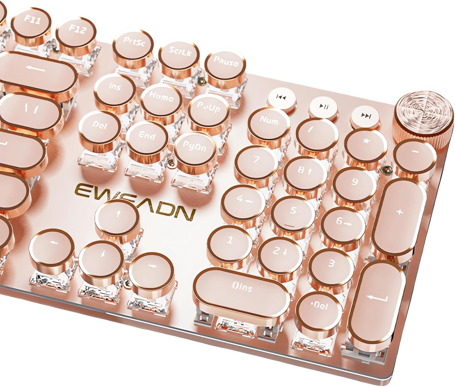 TISHLED Typewriter Style Mechanical Gaming Keyboard White LED Backlit 104-Key NKRO Pink Switches Retro round Keycaps Golden Ring Volume Knob Metal Panel Wired USB-C Detachable Cable, Purple