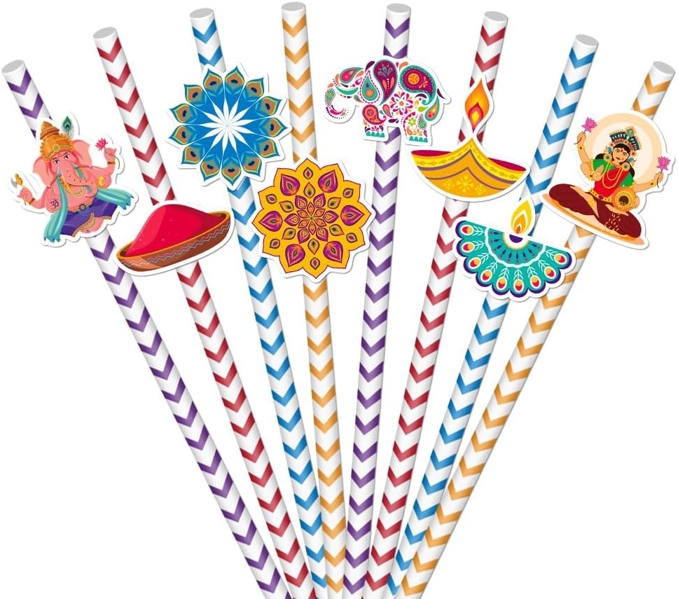 Happy Diwali - Paper Straw Decor - Festival of Lights Party Striped Decorative Straws - Set of 24