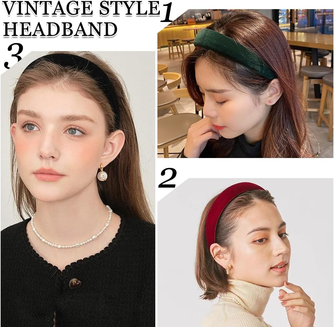 Women'S Headbands, Pack of 3 Retro Style Headbands, Padded Headband Made of Velvet Fabric, Vintage Hair Accessories, Headbands for Women and Girls