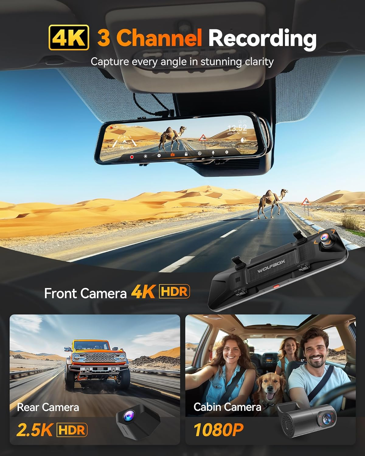WOLFBOX G900 Tripro Cabin Version 3 Channel Mirror Dash Cam Front and Rear, 4K+1080P+2.5K Dash Cam with STARVIS 2 IMX678 Night Vision, 5.8Ghz Wifi, Voice Control, 24H Parking Mode, 256GB Card image number 1