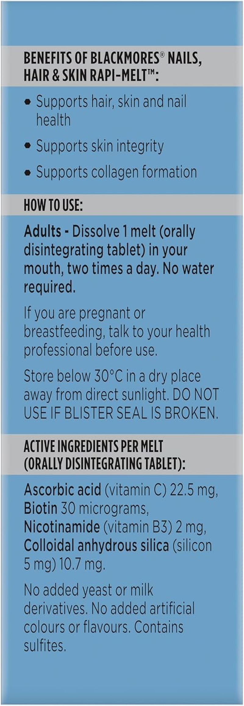 Blackmores Nails, Hair & Skin Rapi-Melt | Supports Hair, Skin & Nail Health | Formulated with Nicotinamide (B3), Biotin, Silica and Vitamin C | Blueberry Flavour | 60 Melts image number 5