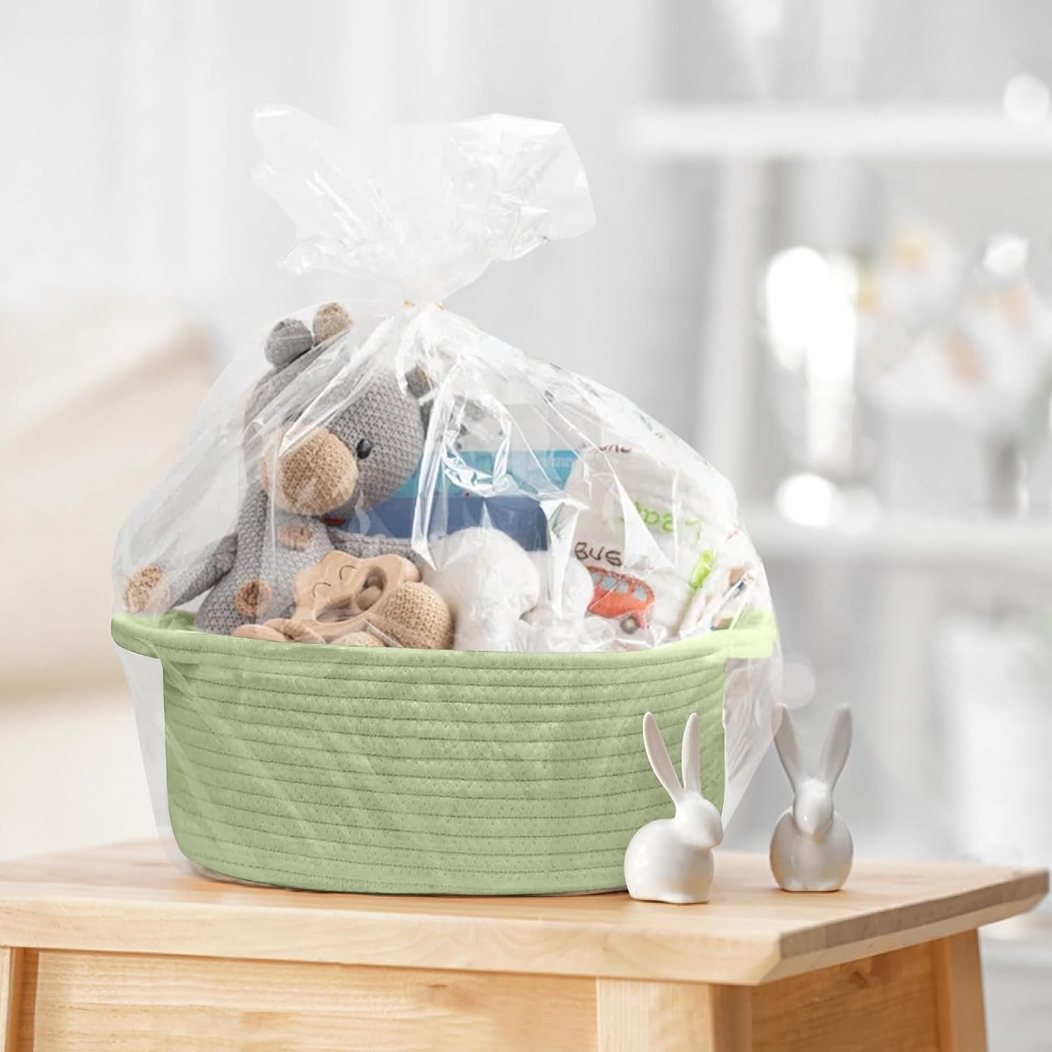 Small Woven Gift Basket, Baskets for Gifts Empty, Cotton Rope Cat Dog Toy Bin Box, Nursery Baby Basket, Wicker Basket with Handles, Shelf Storage Basket for Home Decor, Green, 12"X 8"X 5" image number 4