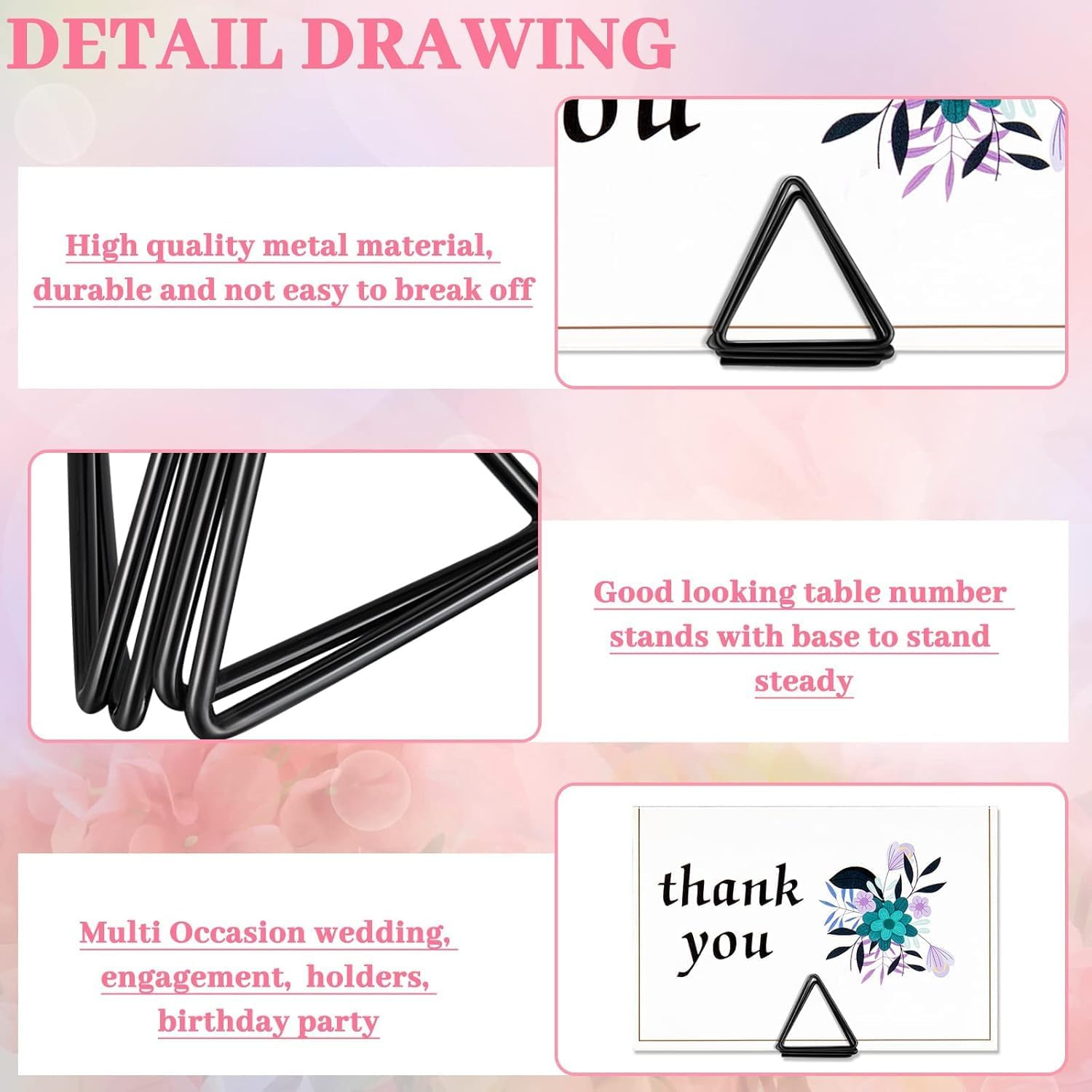 60 Pieces Place Card Holder Wedding Table Number Holder Triangle Shape Table Card Holder Photo Picture Holder Stand Clip for Wedding Party Baby Shower, Suitable for Small Card(Black) image number 4