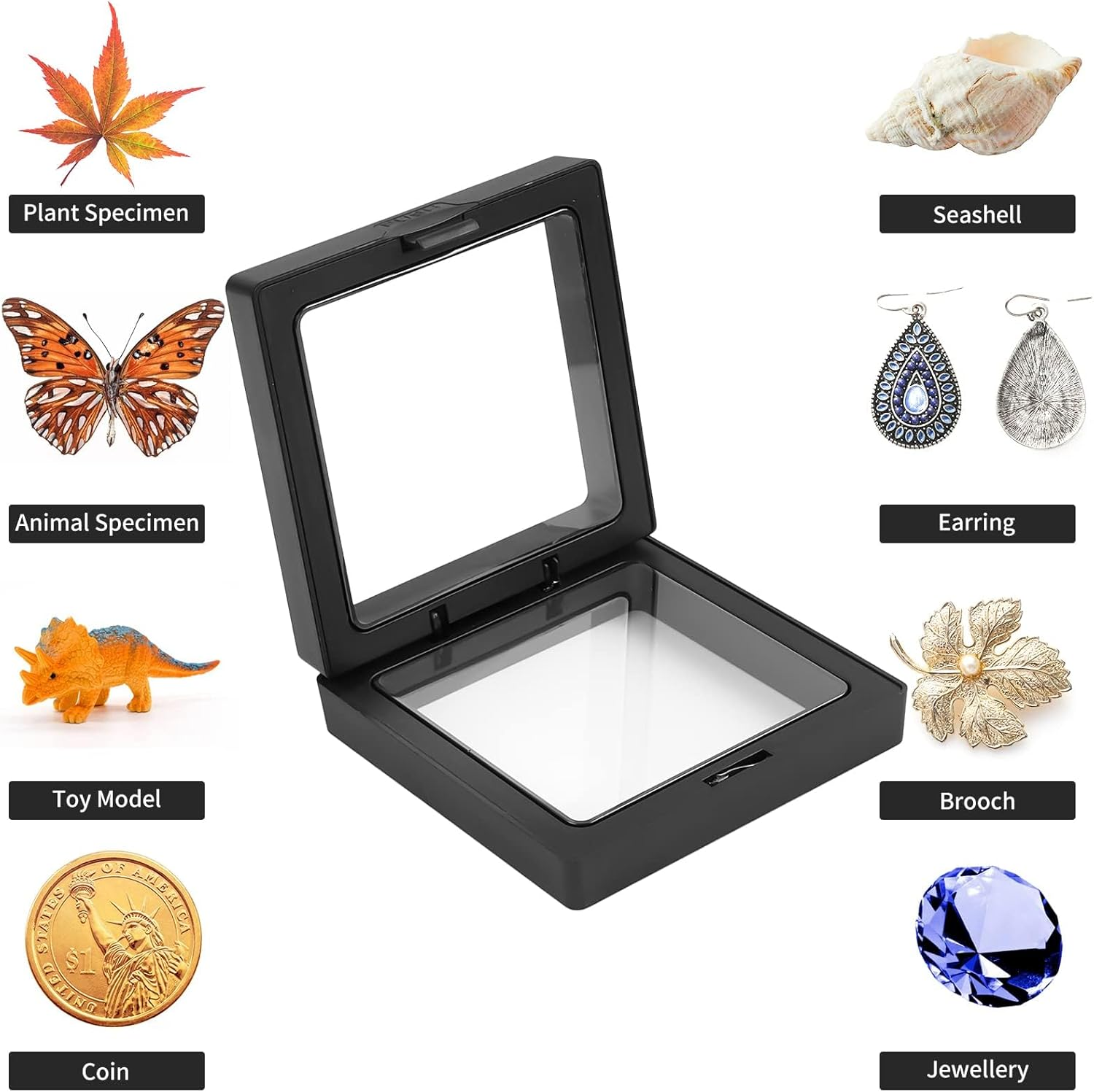 4Pcs 3D Floating Frame with Stand, Challenge Coin Display Holder, Small Shadow Box for Earrings, Rings, Brooch, Military Medal, Black, 2.75X2.75 Inches image number 2