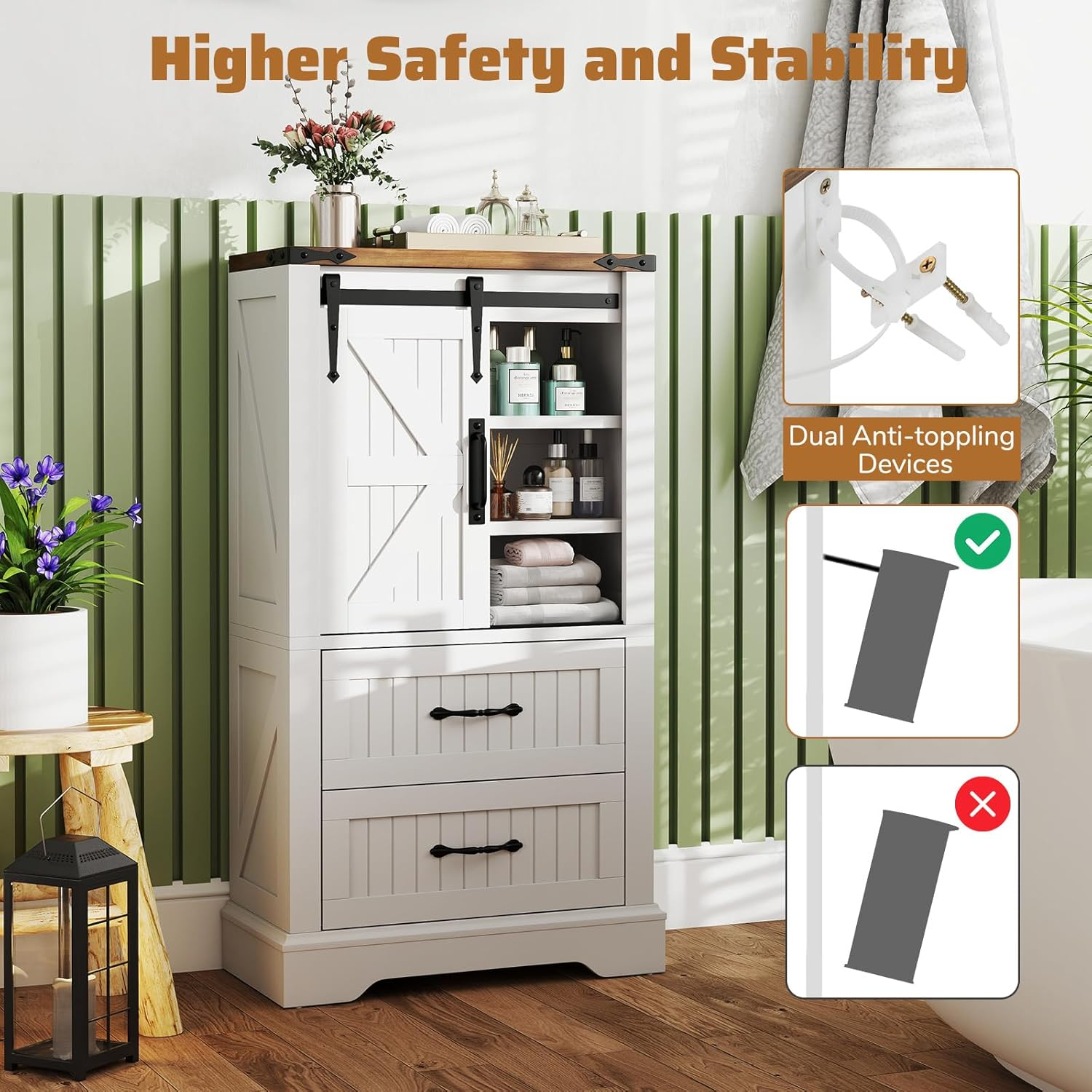 Giantex Farmhouse Bathroom Floor Cabinet, Freestanding Storage Cabinet with Sliding Barn Door, Adjustable Shelves & 2 Storage Drawers, Wooden Storage Organizer image number 4