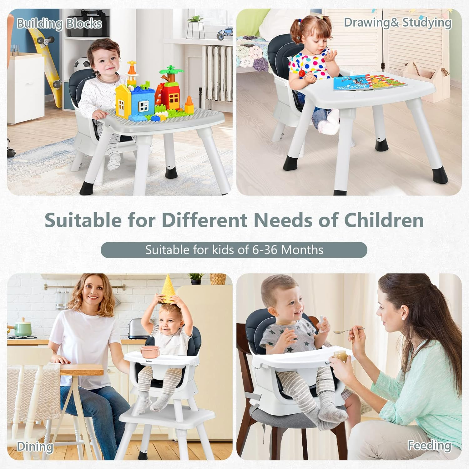 INFANS 8 in 1 Baby High Chair, Convertible Highchair for Babies and Toddlers, Infant Dining Booster Seat, Building Block Table, Kids Stool Table Chair Set with Removable Tray (Black) - Grey image number 3