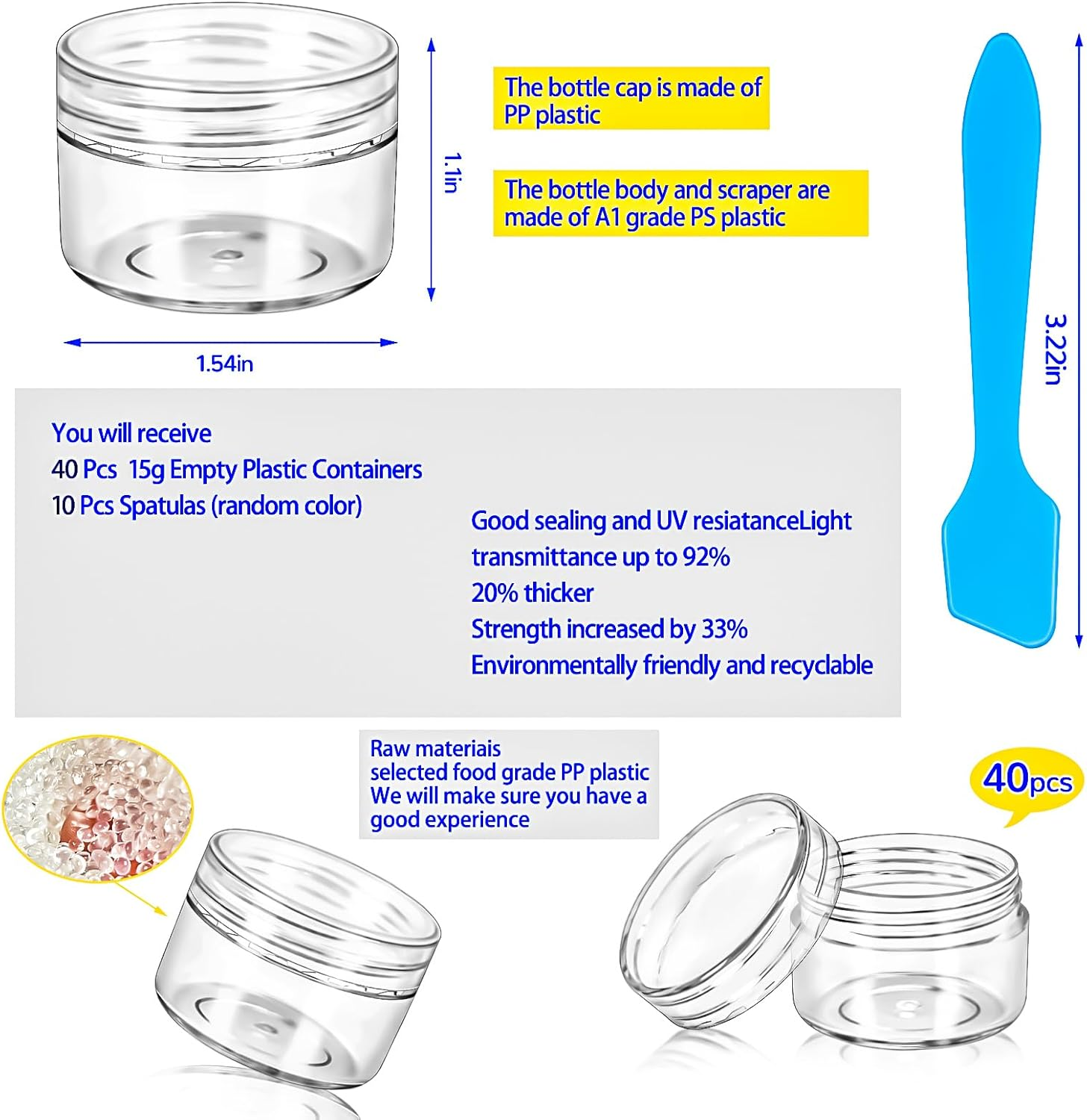 Motbach 40 PCS 15G Empty Plastic Containers with Clear Lids,Small Makeup Sample Containers,0.5Oz Small Sample Pot Jars round Travel Cosmetic Jars with Spatulas for Liquid Sample Powder Cream Lotion image number 2